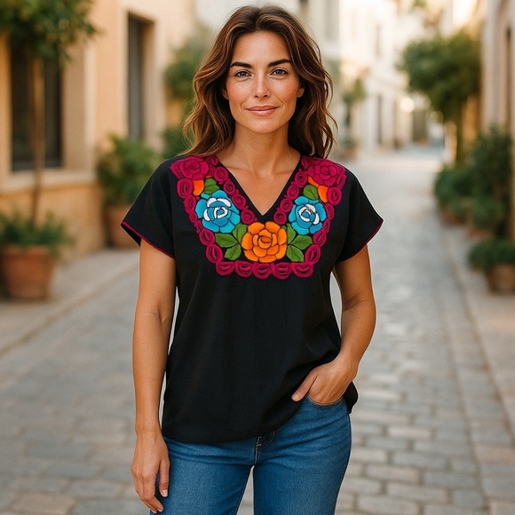 Handmade Embroidered Black V-Neck Blouse - Picture 1 of 13